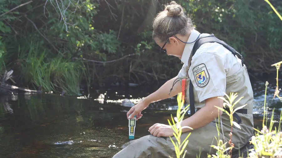 Technicienne accroupie au bord d’un cours d’eau, plongeant une sonde de mesure dans l’eau.