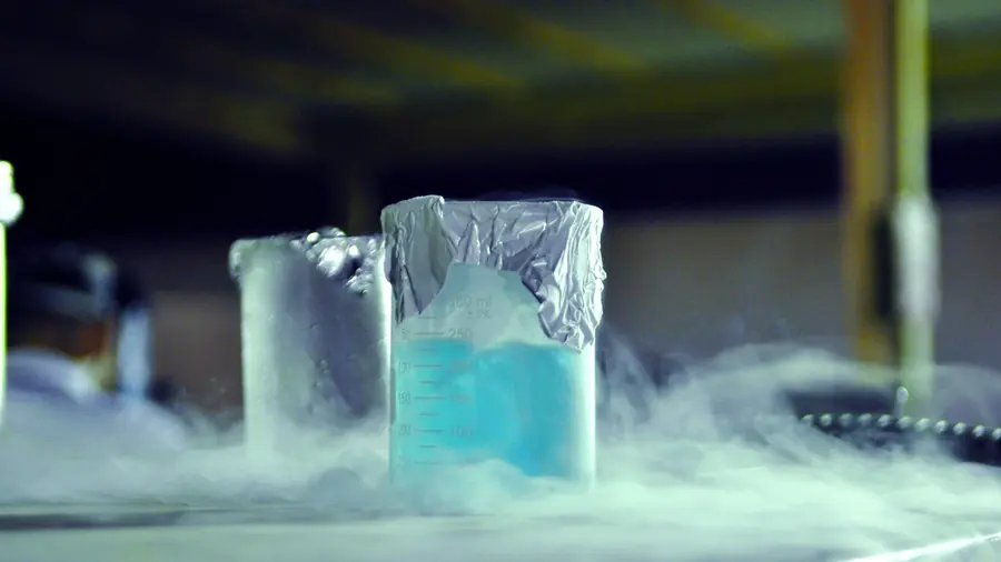 Béchers de laboratoire contenant un liquide bleu, entourés de vapeur froide.